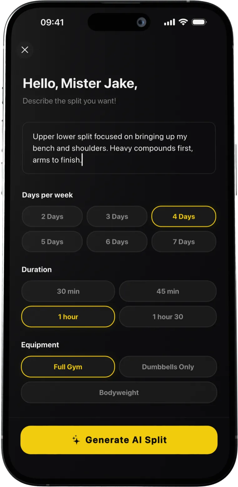 AI Coach split generator in Gym Journal, with a written description of the desired upper/lower split and controls for days per week, duration and equipment