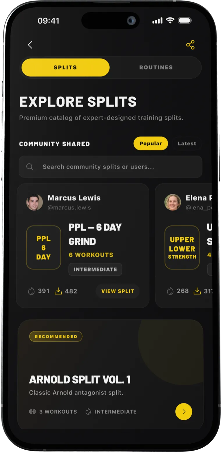 Explore Splits screen in Gym Journal listing community-shared training splits including a 6-day PPL, an Upper Lower Strength split and Arnold Split Vol. 1